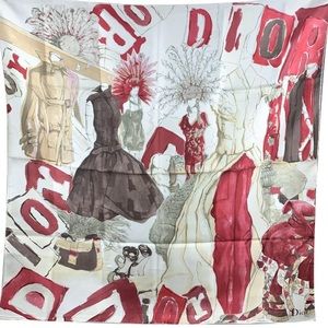 Auth Christian Dior Red Sketch Print Silk Scarf